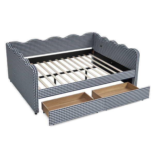 English Elm Queen Gingham Linen Daybed with Wave Backrest Two Storage Drawers and Usb Port Navy Blue W1413S00152