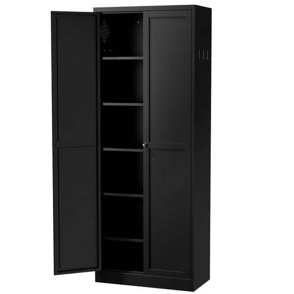 English Elm 61" Matte Black Steel Freestanding Pantry Cabinet with 4 Adjustable Shelves Modern Farmhouse T2398P465984