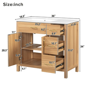 English Elm 36" Wood Bathroom Vanity with Solid Frame, Gold Handles, 3 Soft-Close Drawers & 2 Doors, Spacious Countertop N729P204176N