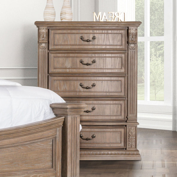 English Elm Transitional Elegant Five-Drawer Chest with Antique Hardware and Deep Storage for Clutter-Free Bedroom Oak 44 L x 23 W x 58 H B2741P380215