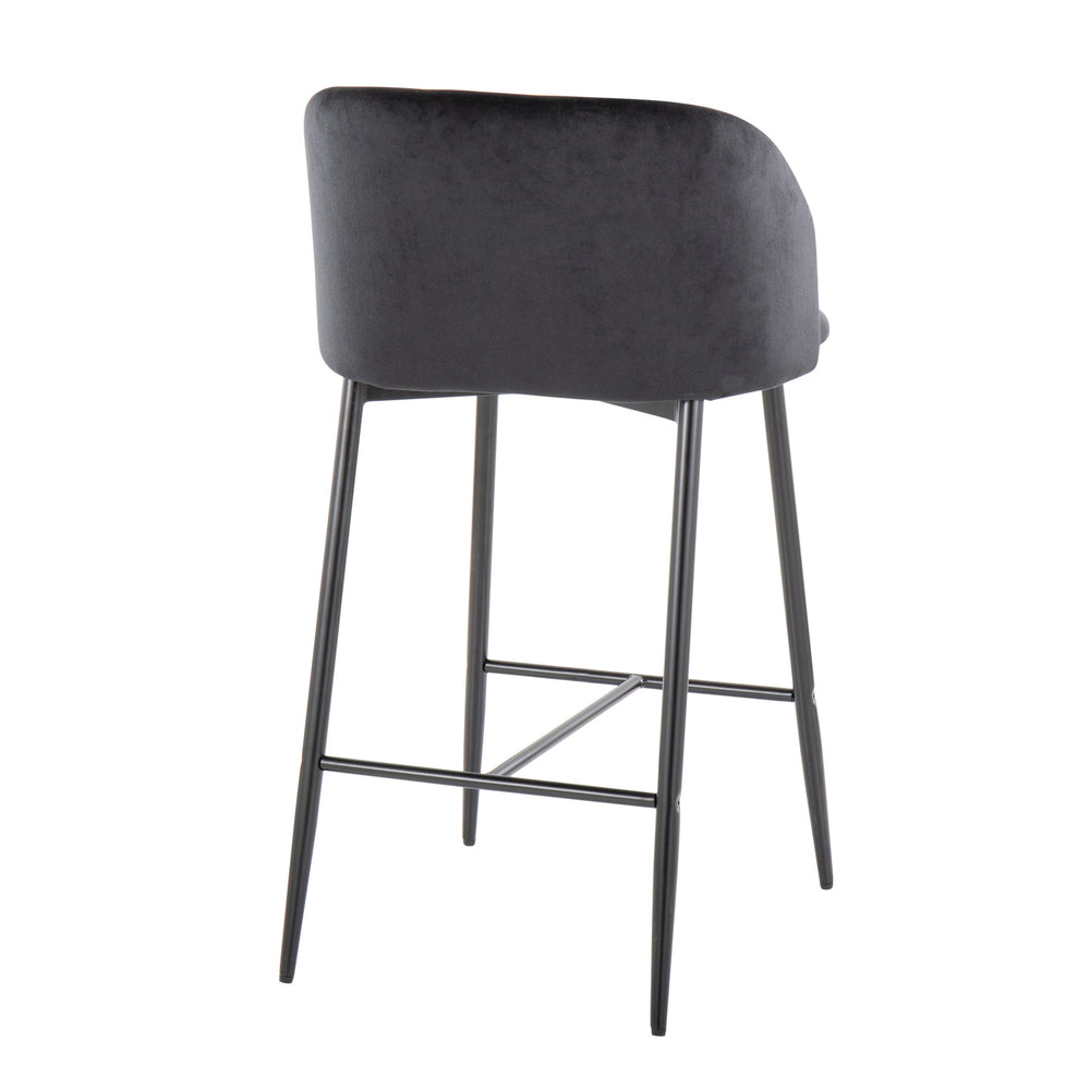 English Elm Fran 26" Contemporary Fixed-Height Counter Stool Set of 2 with Velvet Padded Bucket Seat and Metal Frame, Sleek Footrest Black B202S00282
