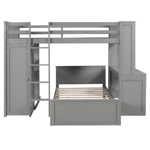 English Elm Full Twin Loft Bed with Desk Wardrobe Shelves Pine Wood Frame Kids Bedroom Gray LT000821AAE-1