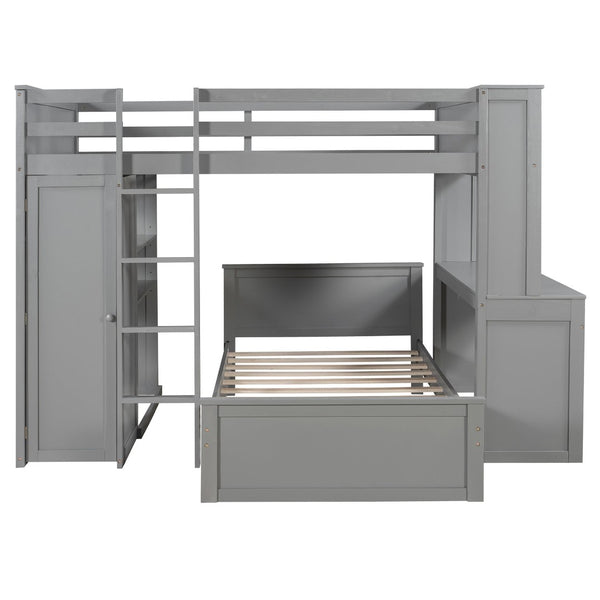 English Elm Full Twin Loft Bed with Desk Wardrobe Shelves Pine Wood Frame Kids Bedroom Gray LT000821AAE-1