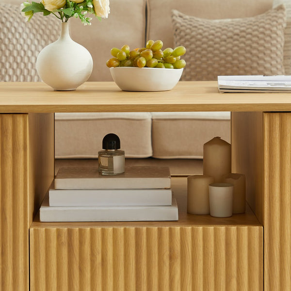 English Elm 46.5"modern oval coffee table with drawers, hidden compartments & wavy woodgrain top for stylish storage Natural W1162P339120