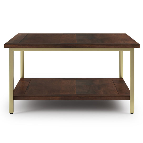 English Elm Skyler Square Coffee Table - Handcrafted Dark Brown Mango Wood With Gold Metal Frame & Shelf B136P159613-GIGA