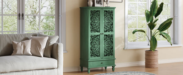 English Elm Rustic Retro Green 55" Tall Storage Cabinet with Carved Doors, Drawer & Solid Wood Legs for Home Decor Antique Green W1445P376553