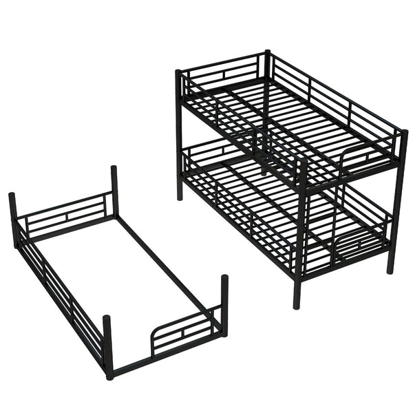 English Elm Twin Triple Metal Bunk Bed Matte Powder Coated Frame with Full Safety Guardrails Black W1580S00578