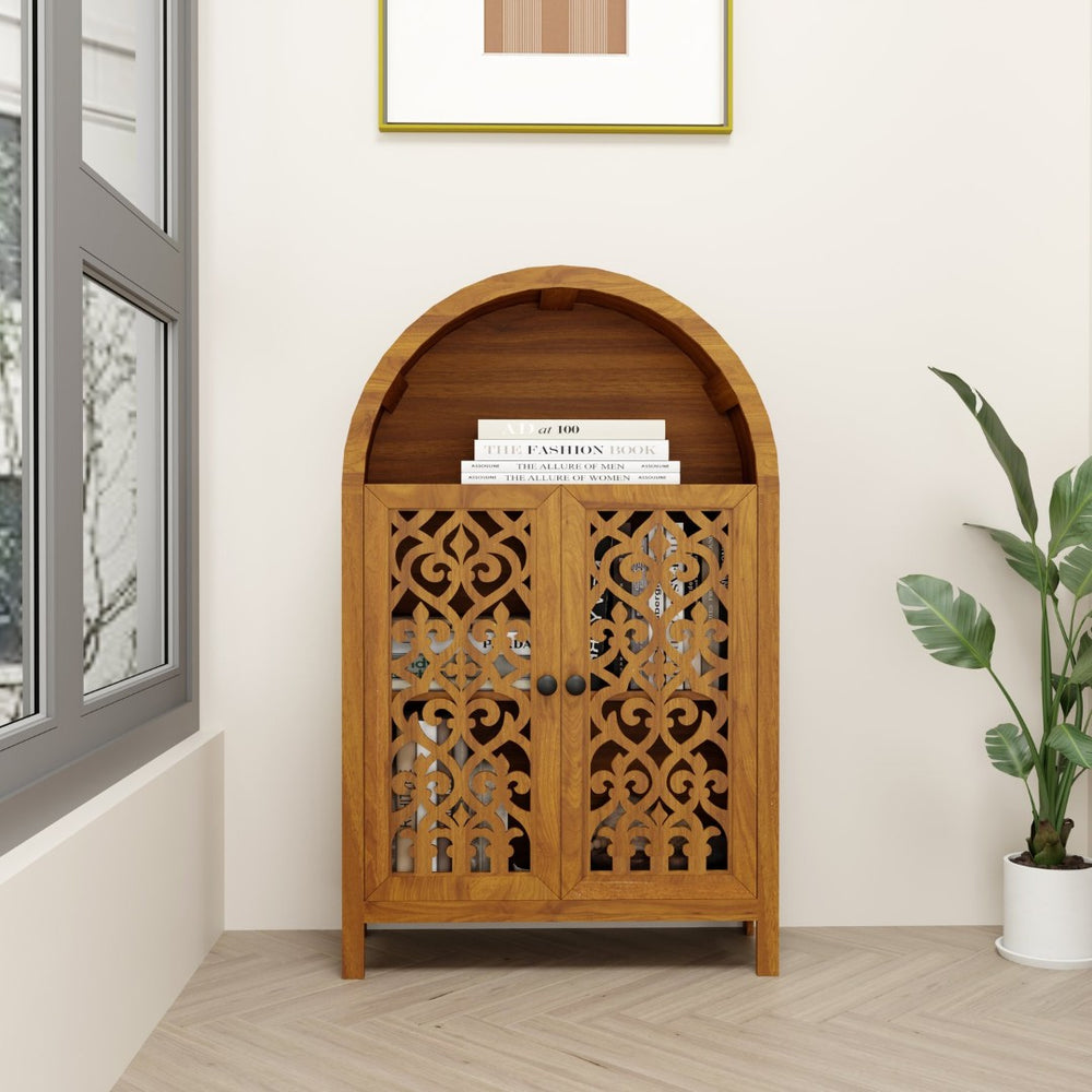 English Elm Hand-carved Solid Wood Tall Narrow Cabinet with Floral Arched Doors and Open Shelving W3123P485765
