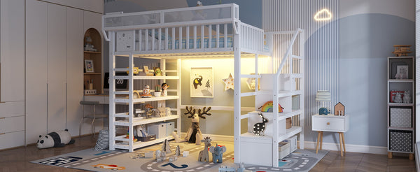 English Elm Full Metal Loft Bed with Stair Storage Rgb Lighting and Charging Station for Teens White W2580S00075