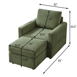 English Elm Classic Corduroy Chaise Lounge with Removable Backrest and Plush Ottoman, Stylish Living Room Seat Green W2186S00010