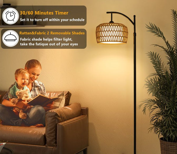 English Elm Arc Rattan Arc Floor Lamp with Remote & Smart LED, Dimmable 3-Color Timer, Adjustable 65–72.8" W2738P400694