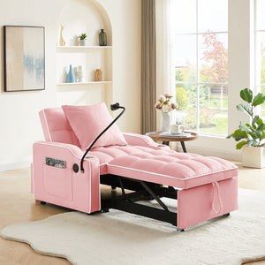 English Elm 3-in-1 Sofa Bed with USB & Cup Holders, Velvet Convertible Sleeper Chair with 3 Angles for Small Spaces Pink W1359P336108