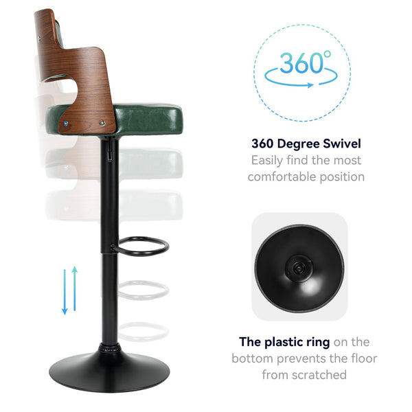 English Elm Swivel Bar Stools Set Of 2 - Modern Dark Green Pu Leather With Adjustable Height & 360° Swivel T3950P396626-GIGA