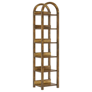 English Elm Storage Rack Six Tier Arched Bookcase Slim Wood Grain Finish for Halls and Corners T3971P464083