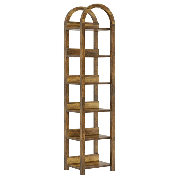 English Elm Storage Rack Six Tier Arched Bookcase Slim Wood Grain Finish for Halls and Corners T3971P464083
