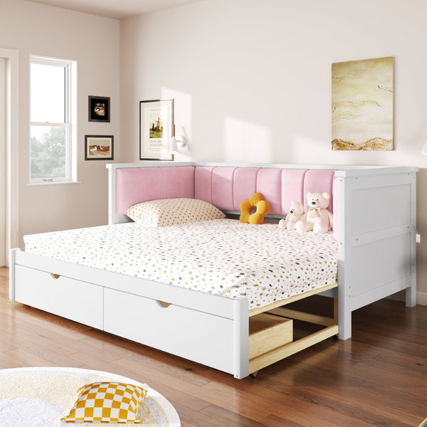 English Elm Twin Xl to King Convertible Daybed with Storage Drawers and Upholstered Backrest N7090000479K