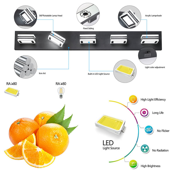 English Elm 34" Modern 5-Light LED Vanity Light - Black Iron & Acrylic Wall Fixture, Dimmable 3000-6000K, 30W W1340P206800