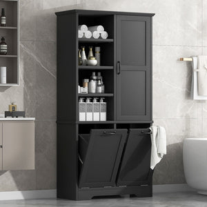 English Elm Bathroom Storage Cabinet With Doors and Drawers, Tilt-Out Laundry Hamper, Multiple Storage Space, Freestanding Style, Open Shelve, Adjustable Shelf, Black