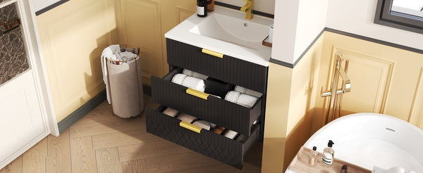 English Elm 24inch Bathroom Vanity with Ceramic Basin Sink, Wall-Mounted Double Drawer Cabinet for Small Baths Black N710P324097B