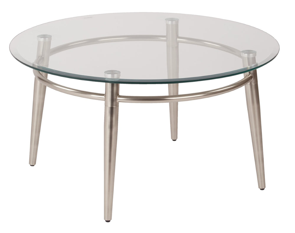 OSP Home Furnishings Brooklyn Round Tempered Glass Coffee Table with Brushed Nickel Base for Modern Living Rooms MG1230R-NB