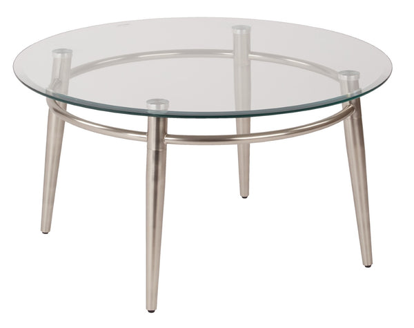 OSP Home Furnishings Brooklyn Round Tempered Glass Coffee Table with Brushed Nickel Base for Modern Living Rooms MG1230R-NB