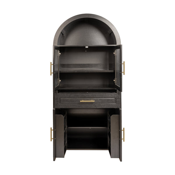 English Elm 71" Tall Arched Pantry Cabinet with Tempered Glass Door, Adjustable Shelves, Anti-Tip Kit & Metal Handles Black W2917P384730