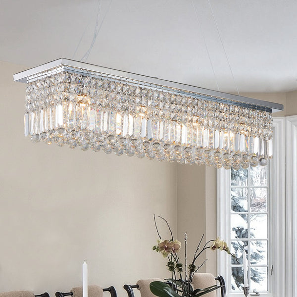 English Elm Modern Crystal Chandelier Rectangular 8-Light Raindrop Pendant for Kitchen Island Dining Room Chrome W2312P368688