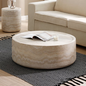 English Elm 35.43'' Modern Faux Travertine Coffee Table, Round No-Assembly Design, Durable Scratch & Water-Resistant Surface W876P154756