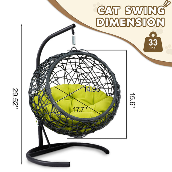 English Elm Cat Swing Bed With Stand & Plush Cushion - Stylish Indoor Egg Chair For Small Pets - Green Wicker Design W2500P283881