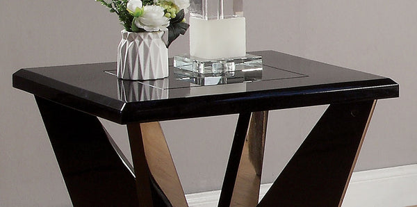 English Elm Contemporary High Gloss End Table with Black Tempered Glass & Geometric Metal Base, Modern Accent Piece B2741P360139
