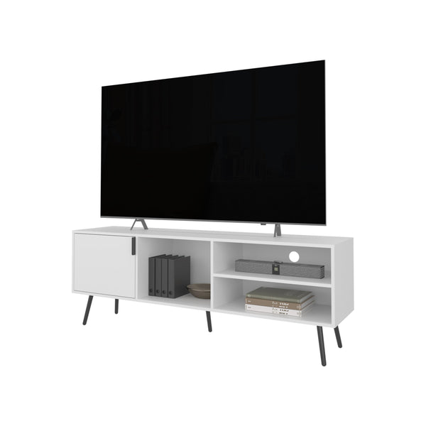 English Elm Mescal modern TV stand with concealed door and open shelving, conical legs, sleek storage center White 68.5 L x 20.9 W x 5.1 H B128P263710
