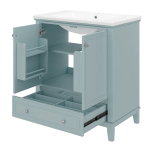 English Elm 30" Bathroom Vanity with Sink — Modern Freestanding 30" Cabinet with Ceramic Top, Drawer, Doors, Shelf Green N725P221263C