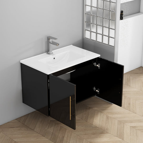 English Elm 30-Inch Black Gloss Wall-Mounted Bathroom Vanity With Soft-Close Doors & Gold Handle For Modern Style W3151S00051