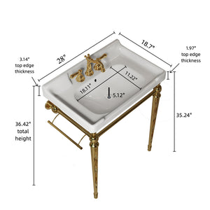 English Elm VICI 28" Bathroom Console Sink with Integrated Ceramic Basin, Overflow, Stainless Support Legs Gold,White W2615S00110