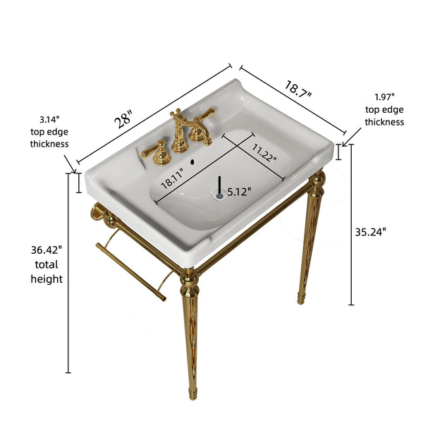 English Elm VICI 28" Bathroom Console Sink with Integrated Ceramic Basin, Overflow, Stainless Support Legs Gold,White W2615S00110