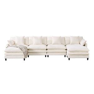 English Elm 140.9-inch U-shaped Modular Sectional Sofa with Ottomans Chenille Cloud Cushions Beige W288S00029