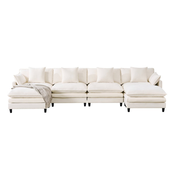 English Elm 140.9-inch U-shaped Modular Sectional Sofa with Ottomans Chenille Cloud Cushions Beige W288S00029