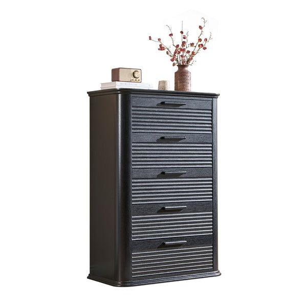 English Elm 6 Drawer Tall Fluted Chest with Waveform Fronts Slim Wooden Storage for Modern Bedroom Black Woodgrain T5326P425091