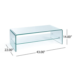English Elm Christopher Knight Home® - RAMONA Tempered Glass Coffee Table with Shelf - Modern Clear Waterfall Sides, Aluminum Base, 46"L 54984.00