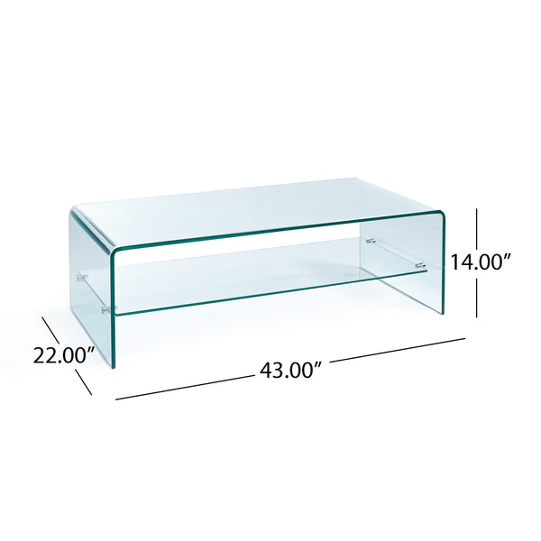 English Elm Christopher Knight Home® - RAMONA Tempered Glass Coffee Table with Shelf - Modern Clear Waterfall Sides, Aluminum Base, 46"L 54984.00