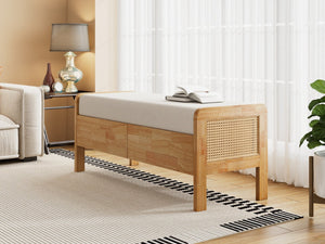 English Elm Upholstered Storage Bench with Pe Rattan Panels Oak Rubberwood Legs Boho Accent N757P257636I