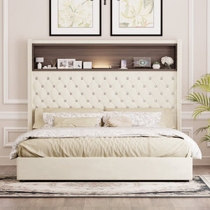 English Elm Queen Velvet Tufted Wingback Platform Bed Tall Headboard with Usb Charging Shelf Beige N733P367135A
