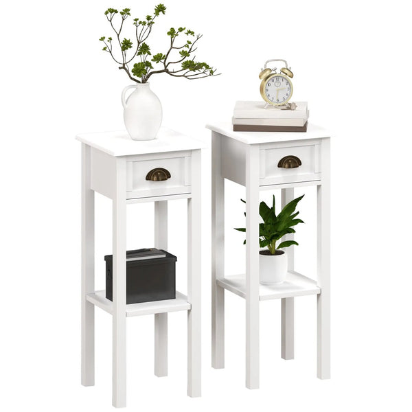 English Elm 2-tier White End Table Set with Drawer and Open Shelf for Small Space Living T3971P409999