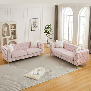 English Elm Fx Velvet Tufted 6 Seat Sofa Set Chesterfield Style with Button Detail Living Room Pink W1926S00085