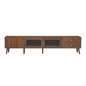 English Elm 76" Modern Minimal TV Stand with Waveform Glass Doors, Soft-Close Drawers, Cable Management, Solid Wood Legs (Fits TVs up to 85") N710P298234P