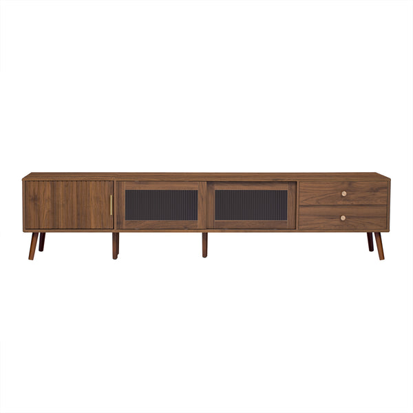 English Elm 76" Modern Minimal TV Stand with Waveform Glass Doors, Soft-Close Drawers, Cable Management, Solid Wood Legs (Fits TVs up to 85") N710P298234P
