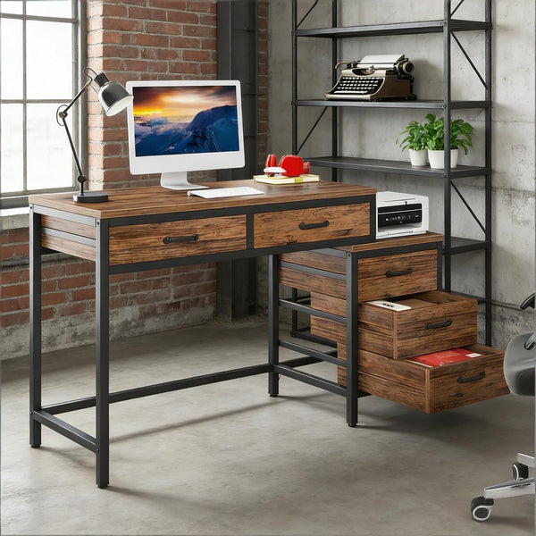 English Elm Industrial Writing Desk with File Cabinet Five Drawers Rustic Brown Home Office T3971P449902