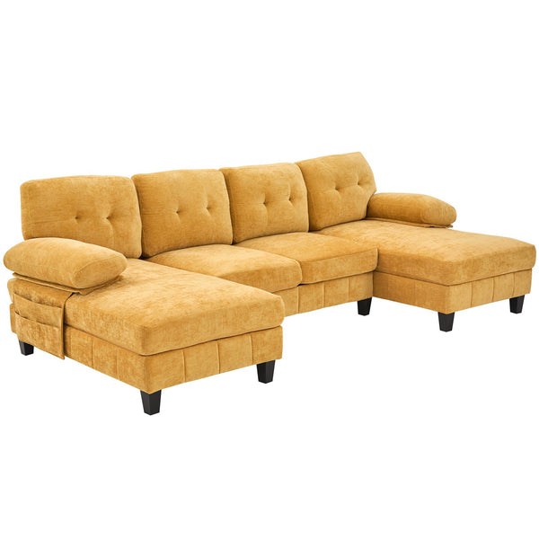 English Elm U-shaped Chenille Sectional Sofa with Dual Chaise Lounges, Tufted Back, Storage Pockets & Pillows Yellow N719S002040L
