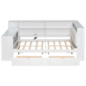 English Elm Wood Full Size Gaming Loft Bed with Integrated Desk, Shelves, LED Lighting & Hanging Clothes Rack Beige+White N7090001047K