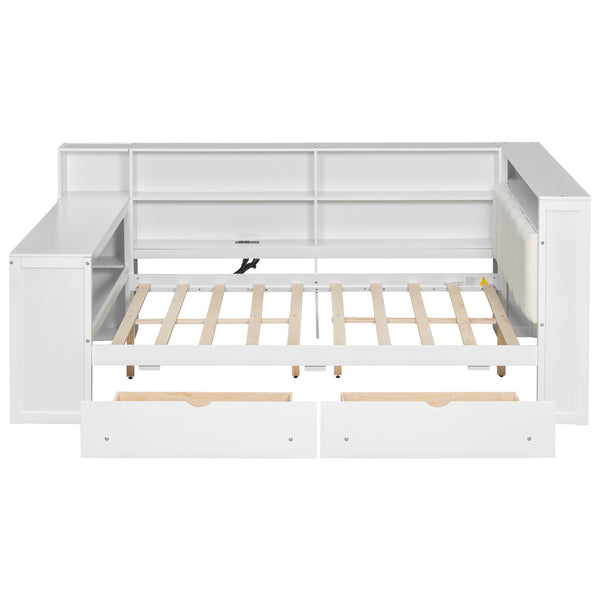 English Elm Wood Full Size Gaming Loft Bed with Integrated Desk, Shelves, LED Lighting & Hanging Clothes Rack Beige+White N7090001047K